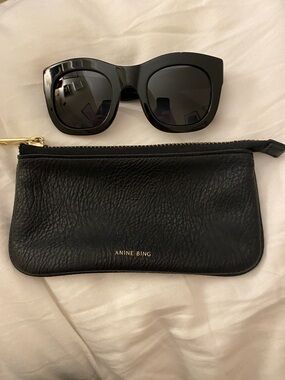 Anine Bing Black Sunglasses with Matching Black Leather Pouch